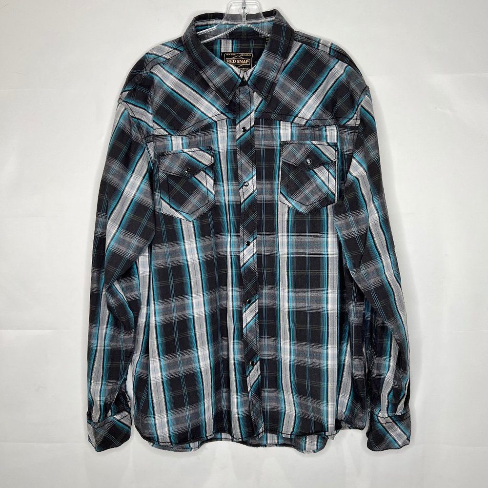 Red Snap Men’s Shirt sz 2XL Black Pearl Snap Western Rock a Billy Rodeo Plaid